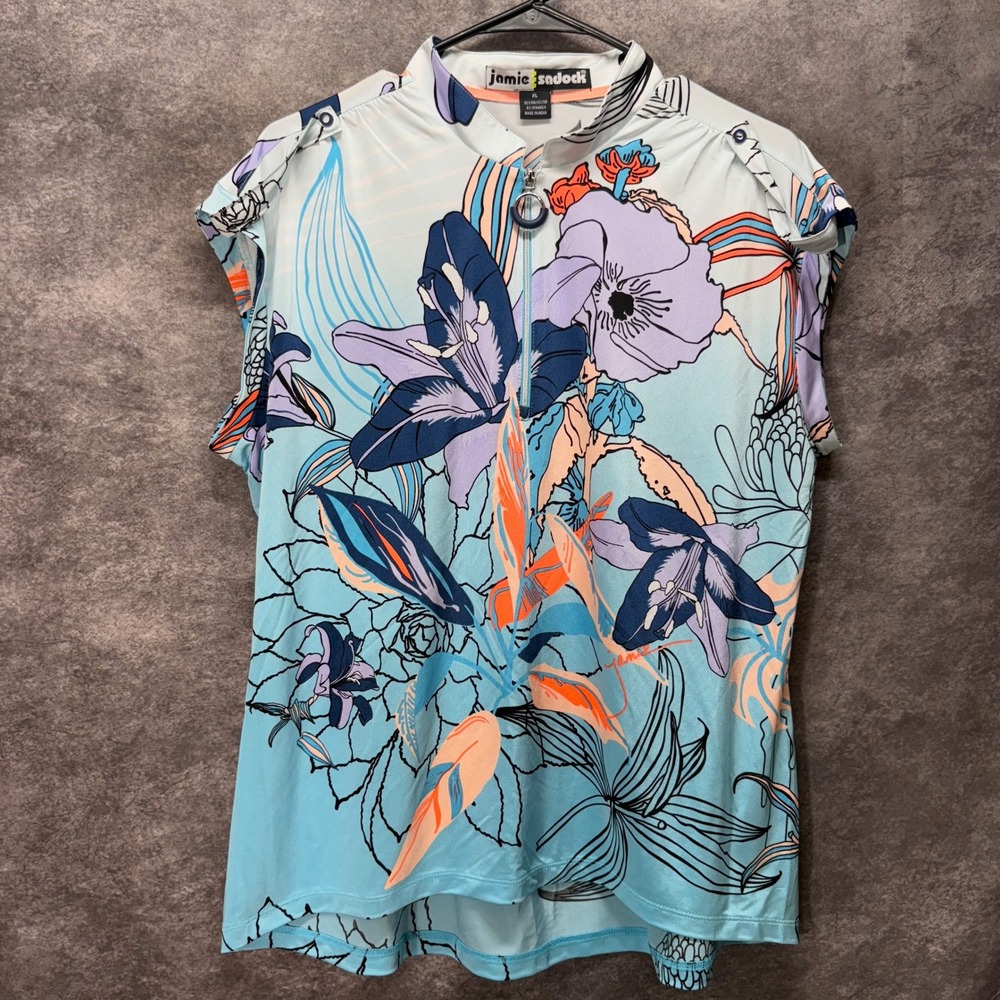Jamie Sadock Womens XL Golf Top Sleeveless Floral 1/4 Zip Mock Neck Blue Purple